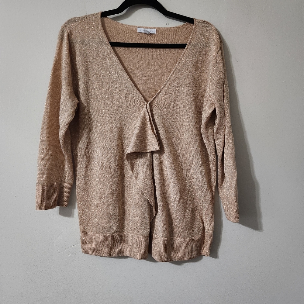 New York & Company Golden Glitter V-Neck 3/4 Sleeve Blouse Shimmery XL Career